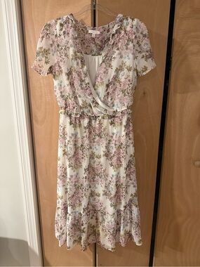 LC Lauren Conrad Cream Floral Wrap Midi Dress with Light Pink Roses